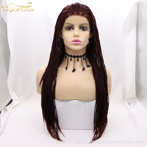 Vigorous braid long bug black wholesale cheap heat resistente synthetic wig with lace front